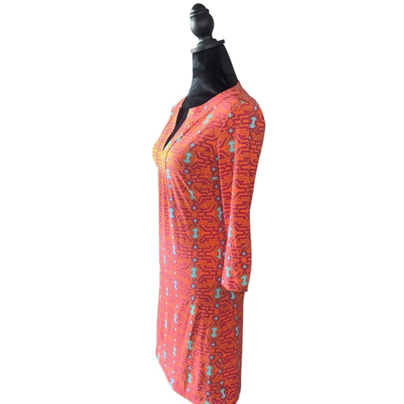Ellie Kai XS Orange Turquoise Southwestern Geometric Stretch PERFORMANCE Dress - Picture 3 of 10